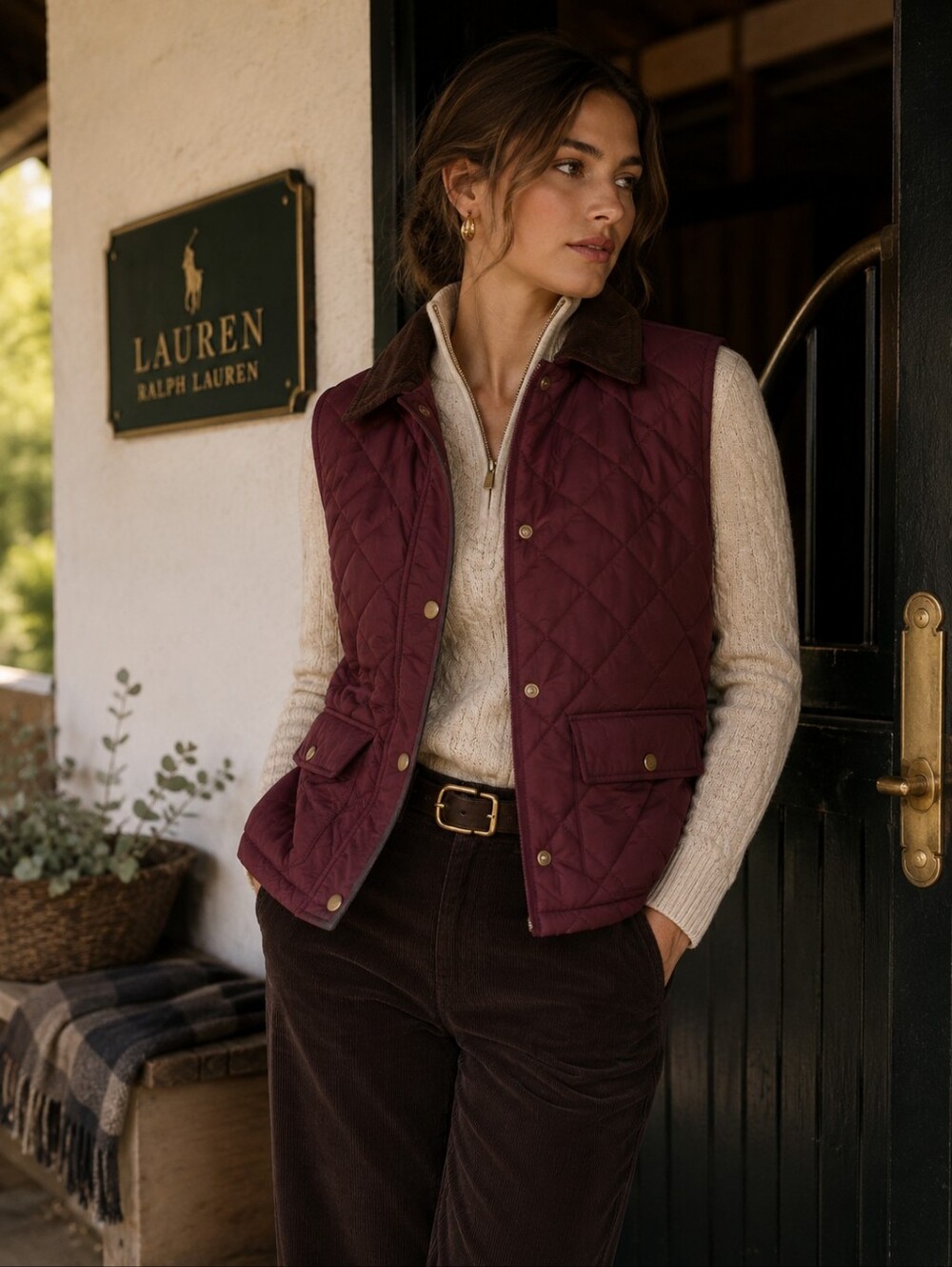 LAUREN RALPH LAUREN New‎ Quilted Vest LARGE Dark Garnet Corduroy Trim 84225T